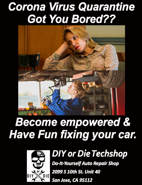 Empowered woman working on her car at our DIY auto repairshop during the Corona Virus Quarantine